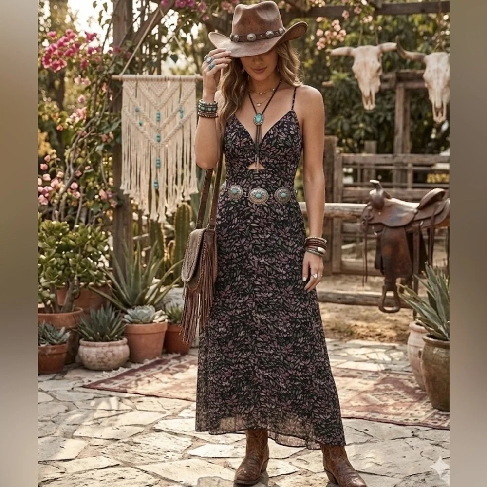 ZAFUL Women's Spaghetti Strap Floral Summer Hollow Twist Front Maxi Dresses Sexy - Picture 2 of 12